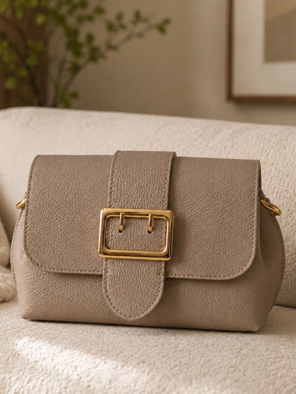 Taupe Italian Leather Crossbody Bag, Gold Buckle Shoulder Purse, Made in Italy